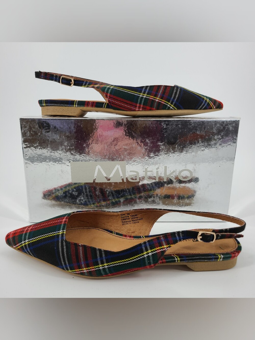 Matiko Women's Tartan Slingback Flats - Red/Green Plaid Size 7/37